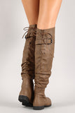Lace Up Buckled Back Collar Slouchy Over-The-Knee Boot