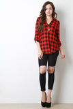 Plaid Pattern Split V-Neck Long Roll Sleeves Top